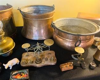 vintage copper pots  plus  early weight scales