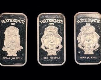 3 1973 .999 Silver Watergate Nixon See Hear Speak No Evil E. J. Aleo Limited Edition 974 Silver Bars 3.35 Oz In Total