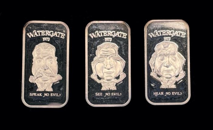 3 1973 .999 Silver Watergate Nixon See Hear Speak No Evil E. J. Aleo Limited Edition 974 Silver Bars 3.35 Oz In Total