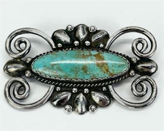 34 Grams Fine Albert Cleveland Native American Navajo Sterling Silver Turquoise 2.5" Pin Brooch