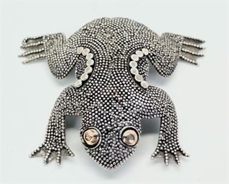 6 Grams Fine Sterling Silver & 14K Gold Eyes Figural Frog Pin Brooch