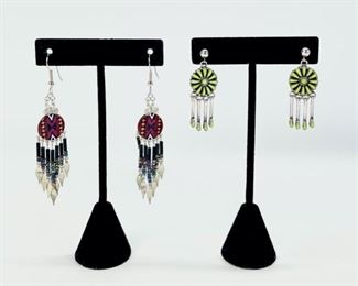 12 Grams Fine Sterling Silver Native American Zuni J. H. Owaleon Petit Point Cluster Turquoise & Onyx Inlaid Pierced Drop Dangle Earrings