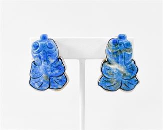 Fine Rebecca Collins Sterling Silver Carved Lapis Lazuli Koi Fish Clip on Earrings