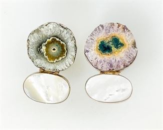 Fine Rebecca Collins Sterling Silver Geode Druzy Pearl Clip On Earrings