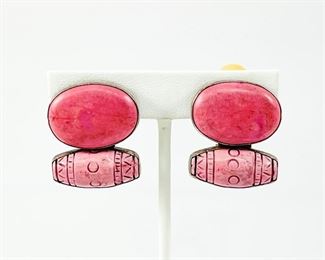 Fine Rebecca Collins Sterling Silver Pink Howlite Stone Clip On Earrings 