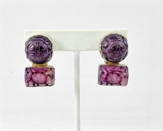 Fine Rebecca Collins Sterling Silver Clip On Earrings Dyed Purple carved stone 