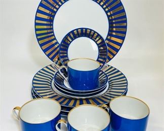Fitz & Floyd TUTANKHAMUN BLUE MCM GILDED FLAT 4 CUP & SAUCER set with 4 Dinner Plates 