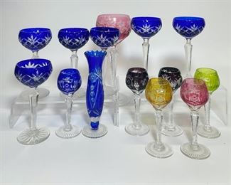 VINTAGE CUT-To-Clear COBALT BLUE AND MULTICOLORED CRYSTAL CUT STEMED GOBLETS