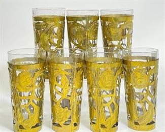 Vintage 7 Hand-Tooled Mexican Silver Openwork Tumbler Holders w Glass Inserts