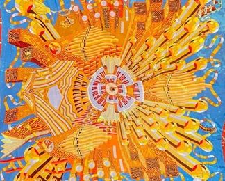 Hermes FRENCH sheer silk POINT DE O'RGUE Pattern style VIBRANT ORANGE & BLUE 