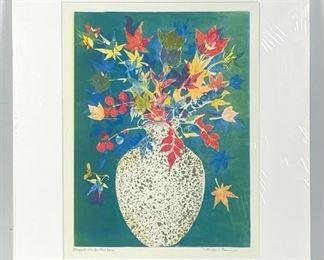 Penelope C Barringer Pencil Signed Monotype Artwork on Paper - Titled Bouquet with Speckled Vase. Matted 
