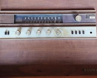 Brazilay Mid Century Modern Media Cabinet Credenza Fisher 210 Receiver PE 2018 Turntable with Built in Speakers 