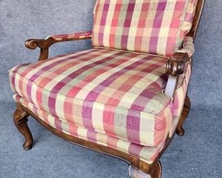 20th Century Plaid Upholstered Carved Wood French Style Lounge Chair