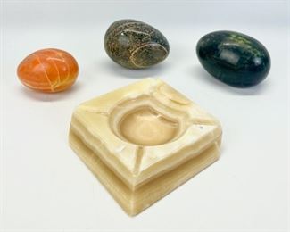 Vintage Decorative Onyx Marble, Alabaster Stone Eggs & Ash Tray 