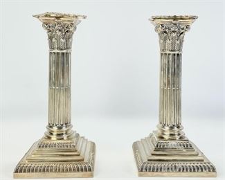 Pair Of Antique Silver Plated Fluted Corinthian Candlesticks