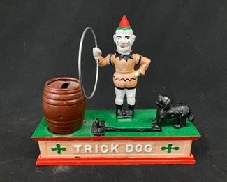 Vintage Painted Cast Iron Trick Dog Novelty Mechanical Coin Still Bank 