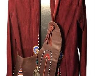 Anna Trebinski wine colored beaded suede coat hand made in Kenya  and Anna Trebinski crossbody one of kind handbag beaded by Masai tribe 