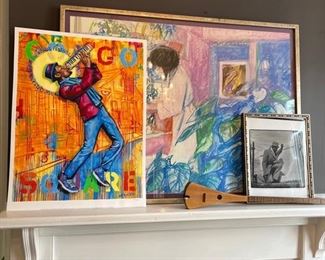 a variety of international and regional art: BMIKE numbered jon batiste jazz fest poster,  signed michael p smith photograph, large pastel from santa fe (woman in garden)