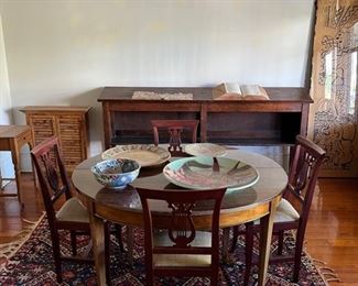dining table, great rug, tortoise bamboo shelf, antique lectern, walter anderson print