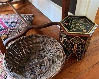 moroccan footstool and a variety of woven baskets throughout the house