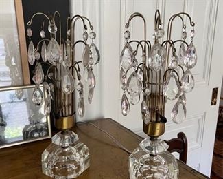 gorgeous pair of lead crystal + brass lamps