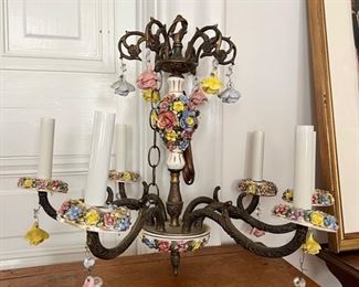 floral ceramic, crystal, and brass chandelier