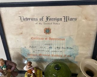 VFW Appreciation Certificate High Point, N.C.