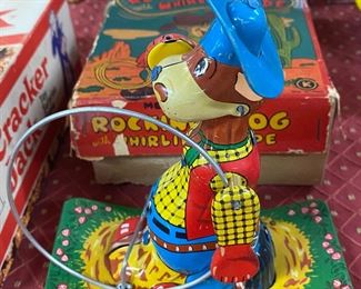 Tin Litho Rocking Dog with Whirling Rope in Box