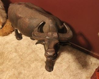 LARGE WOODEN CARVED CAPE BUFFALO FROM SOUTH AFRICA 21" TALL X 32" LONG