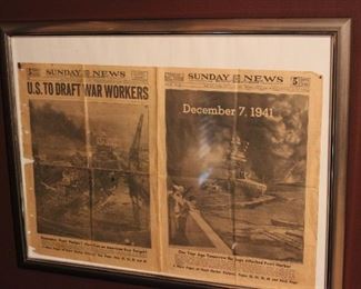 FRAMED SUNDAY NEWSPAPER "US TO DRAFT WAR WORKERS: DECEMBER 7TH 1941