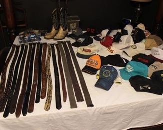 COLLECTION OF BELTS AND HATS