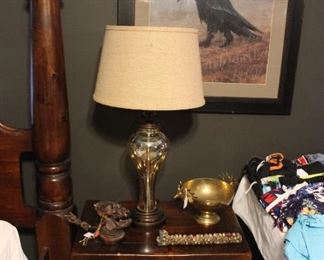 NIGHT STAND AND BED LAMP STAND 29" TALL, GLASS BASE W/BEIGE SHADE