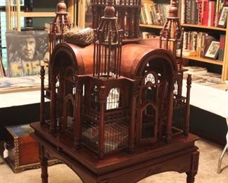 MONUMENTAL VINTAGE ARCHITECTURAL MAHOGANY BIRDCAGE ON TABLE STAND