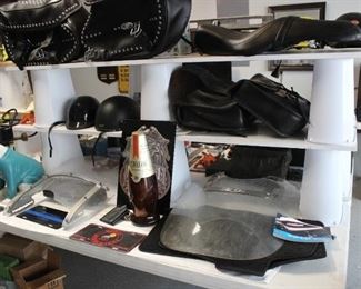 2 SETS OF HARLEY SADDLE BAGS, 2  HARLEY WINDSHIELDS, 2 MOTORCYCLE HELMETS, HARLEY SEAT, HARLEY TRUCK MATS, AND MJCH MORE