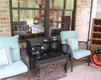 FAUX WICKER CHAIRS AND END TABLE WITH GLASS INLAY, STEREO, AND WINE CABINET