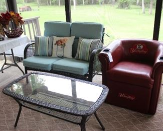 FAUX WICKER LOVE SEAT AND COFFEE TABLE WITH GLASS INLAY, YUENGLING BURGANY CHAIR WITH BUILT IN COOLER IN PULL OUT FOOT REST