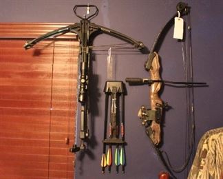 CROSSBOW RC150 BY BARNETT W/SCOPE, 4BOLTS AND QUIVER AND COMPOUND BOW 300WX BY DARTON