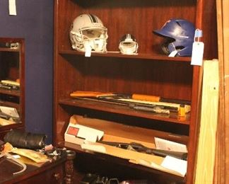 6 SHELF BOOK CASE WITH GUN PARTS, FOOTBALL HELMET, UNIVERSITY OF FLORIDA BASEBALL HELMET, JAGUAR COLLECTIBLES