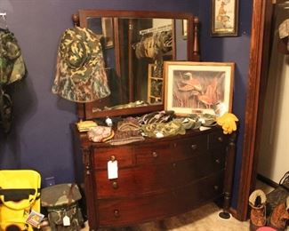 ANTIQUE DRESSER WITH MIRROR AND CAMOUFLAGE GEAR