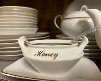 Gold banded honey jar China set