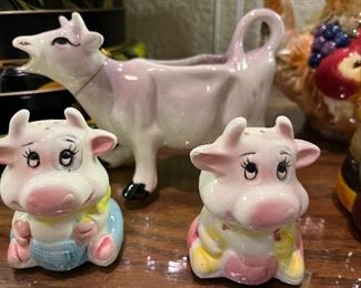 porcelain baby cow blue pink salt pepper shakers and cow planter