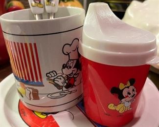 vintage plastic Mickey Minnie Mouse sippy cup and toddler dishes