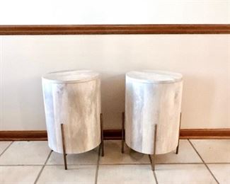 FAUX BLEACHED WOOD END TABLES - WHITE WASHED DRUM ROUND TABLES (SET OF 2)
