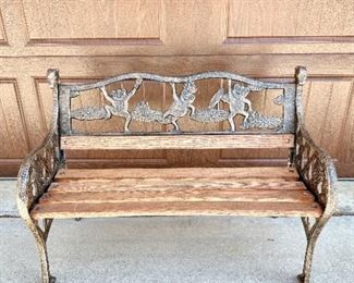 SMALL OUTDOOR BENCH - FOR PLANTS OR CHILDREN - WOOD & CAST IRON - FROGS