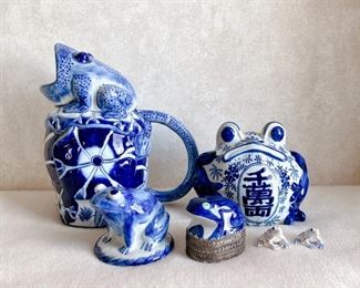 Chinoiserie Blue & White Happiness Frog, Frog Pitcher, and more