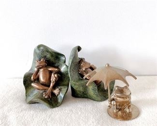 Bookends and Brass Frog Holding an Umbrella