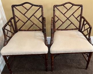 Asking Was $200 Pair - Now $150---Pr Wood Chinese Bamboo Like Arm Chairs - as is - finish chipped.
