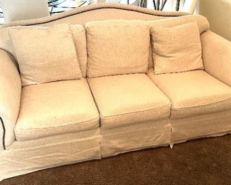 Asking: Was $1750 -- Now $1300--- White Camel Back Linen Sofa w/Black Tack Welting - Custom - 90" wide x 45" deep x 38" tall -