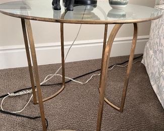 Asking: Was $400 -- Now $300--- Iron Bronze Gilt Side Table w/Glass Top - Meridith Baer Home - 25" diameter -