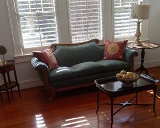 Theodore Alexander Acaia  Oval end table &  Imbuya Burl Veneer coffee table and vintage green sofa